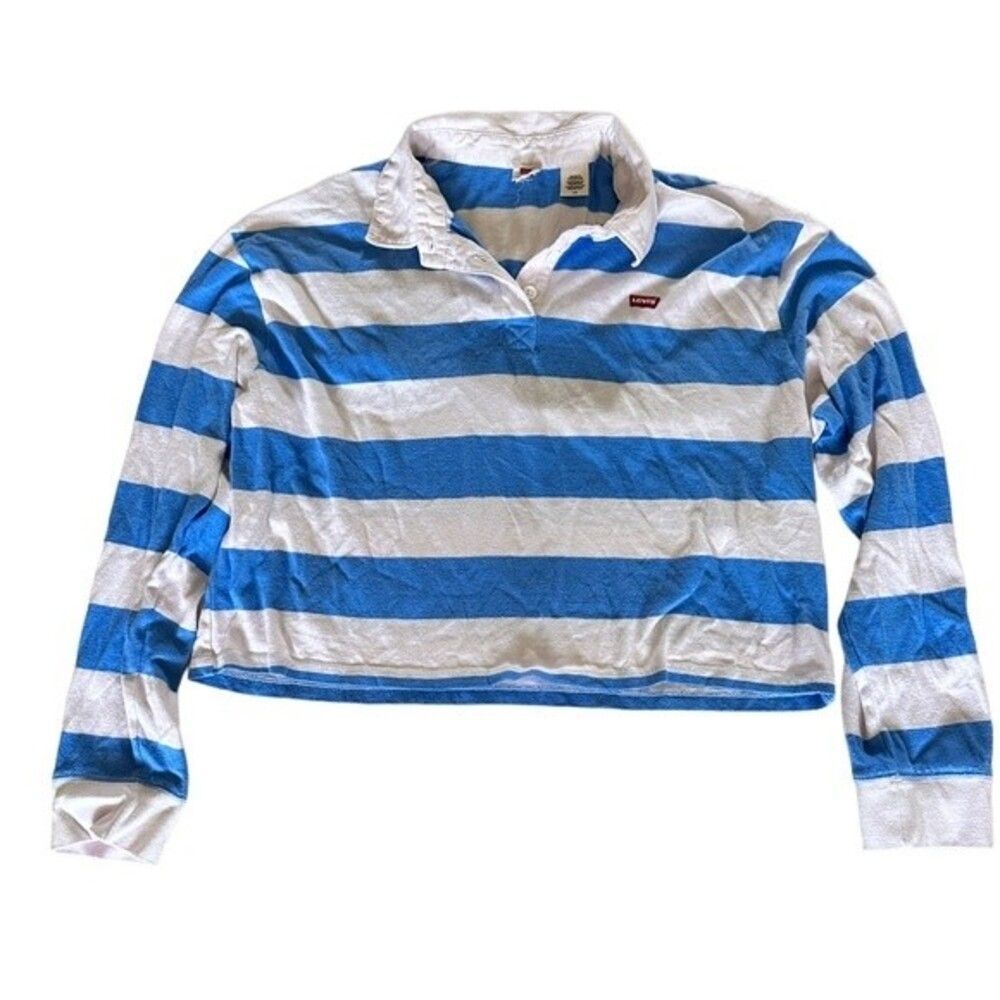 Vintage Levi's Long Sleeve Blue White  Striped Cropped Rugby Top L